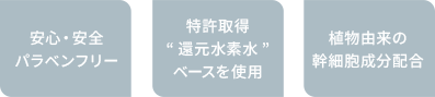 「安心・安全
パラベンフリー」「特許取得
“還元水素水”
ベースを使用」「植物由来の
幹細胞成分配合」

